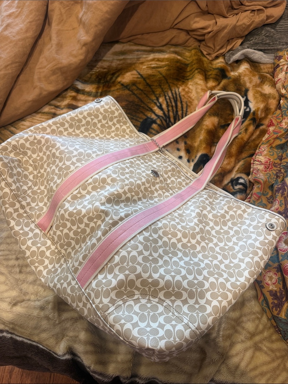 Coach Cream Signature Large Weekender Tote with Pink Straps